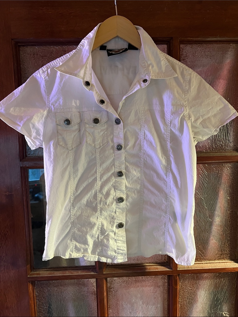 Women’s Harley Davidson - White Short Sleeve Button-Down Shirt Medium
